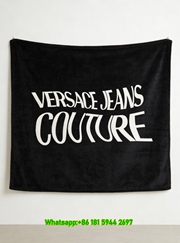 Versace Jeans Couture Black White Wavy Logo Printed Flannel Throw Blanket IMG_1252
